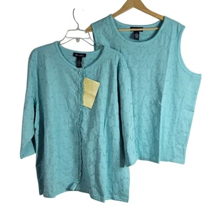 Denim & Co Twinset Top Blue 2X Ruffle Button Pullover Sleeveless Eyelet 2 PC NWT - Picture 1 of 9