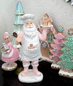 Christmas Pastel Pink Santa Clause Baking Gingerbread House Bakery Figurine - Picture 1 of 10