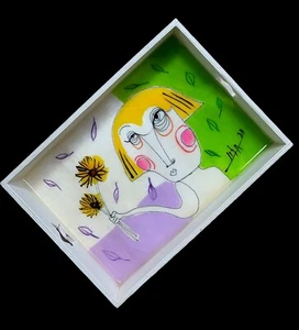 Coffee Tray Original Painting Acrylic/Pastel with Resin Wooden Cuban Art by LISA - Picture 1 of 9