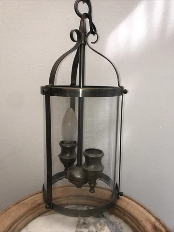 French Vintage Lantern Pendant Ceiling Light Fixture Brass Round ￼￼Cylinder Cover