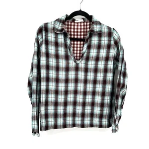 CP SHADES Red Blue Metallic Plaid Boxy Oversized V-Neck Long Sleeve Top Small - Picture 1 of 6