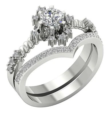 Bridal Wedding Ring Set I1 G 1.00 Ct Natural Round Cut Diamond 14k White Gold - Image 1 of 4