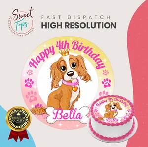 PUPPY DOG ROUND EDIBLE BIRTHDAY CAKE TOPPER DECORATION PERSONALISED CROWN - Imagen 1 de 1