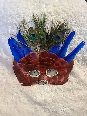 Mardi Gras blue/red Feather Mask With Peacock Feathers Gold Sequins  - Image 1 of 4