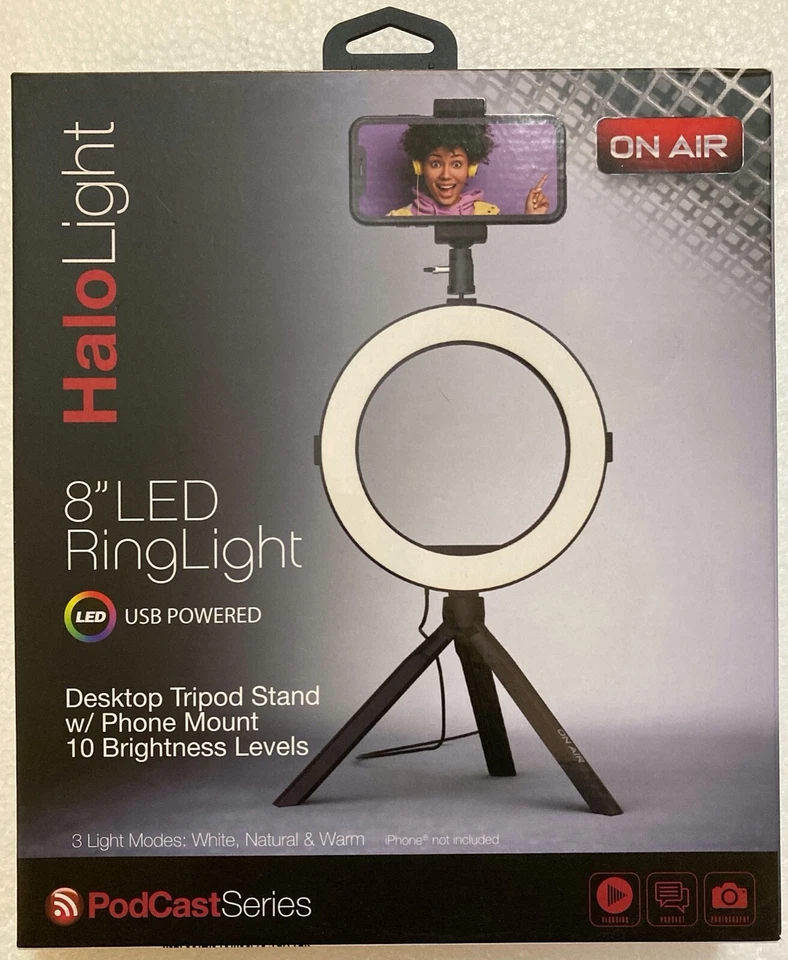 Tzumi on Air Desktop 8” LED Ring Halo Light W/ Phone Mount USB Powered