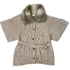 Ann Taylor Loft Wool Alpaca Belted Fur Collar Sweater Cardigan Tan Beige XS $118