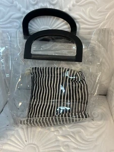 Clear Handle Transparent Handbag With Black & White Stripped Pouch/ Black Handle - Picture 1 of 11