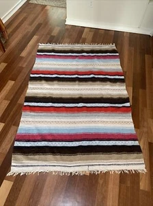 VTG Mexican Blanket, Woven Stripes, Southwest, Vivid, Cotton, Multi 51 x 79” - Picture 1 of 5