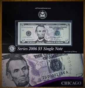Serie baja de $5 2006 #2636 nuevo color de dinero G-Chicago Reserva Federal GEM nítida ¡sin circular! - Imagen 1 de 5