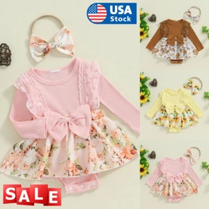 Kids Baby Girl Ribbed Outfits Romper Dress Newborn Clothes Bowknot Headband Set - Picture 1 of 33