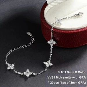 3mm Real Moissanite Women's 4 Leaf Clover Bracelet Gift 18K White Gold Plated - Picture 1 of 11