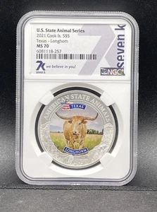 2021 Cook Islands 5 $ Texas Longhorn Coin MS70 NGC U.S. State Animal Series - Bild 1 von 7