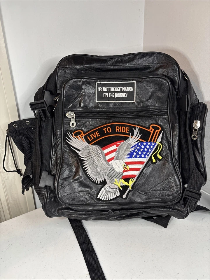 Harley Davidson LIVE TO RIDE Bolso Sillín Cuero Búfalo Mochila + Bolsa de Nylon Foto 1 de 4