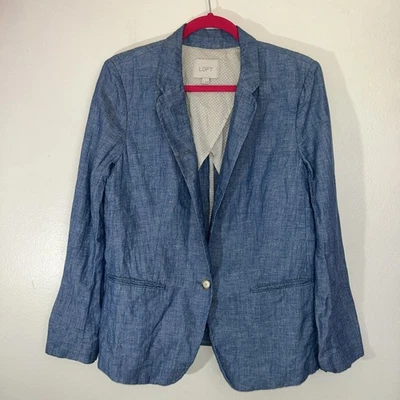Chaqueta Blazer LOFT Ann Taylor Talla 8 Mezcla de Lino Azul Bolsillos Academia Cápsula Foto 1 de 4