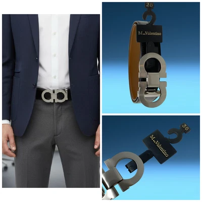 NEW Marco Valentino Black/Brown Reversible Leather Belt Matte Silver Buckle NWT - Image 1 of 4