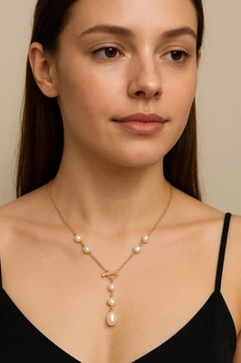 Collar estación cadena colgante perla palanca flecha corazón oro amarillo 14K Estate Foto 1 de 4