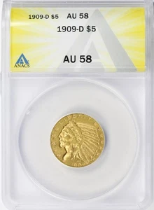 1909-D $5 Indian Gold Half Eagle ANACS AU58 - Picture 1 of 4