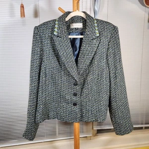 Travis Ayers $100 Size 18 Blue White Yellow Teal Classic Tweed Button Up Blazer - Picture 1 of 10