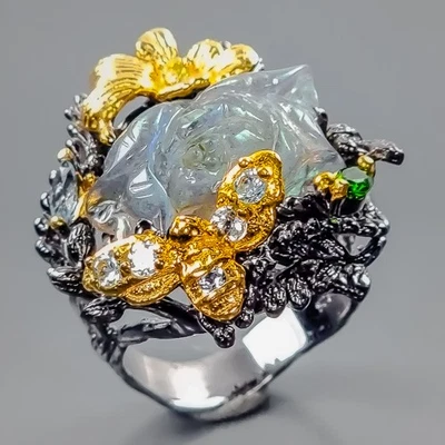 Unique gem carving Natural Labradorite Ring 925 Sterling Silver Size 8 /R420606 - Image 1 of 4