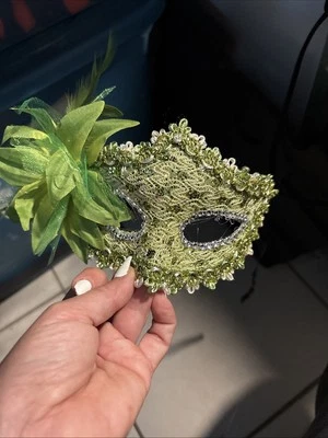 Mardi Gras Green Masquerade Mask Green With Lace Jewels Party Mask - Image 1 of 4