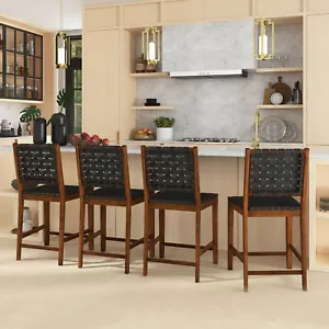 Set of 4 Woven Bar Stools Counter Height Dining Chairs Faux PU Leather Kitchen - Picture 1 of 7