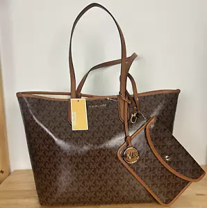 New MICHAEL KORS Logo Eliza Lg East West Open Snap Tote W/Snap Pouch BROWN $298 - Picture 1 of 11
