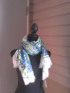 Talbots 100% Cotton Yellow Blue Floral Scallop Trim Scarf EUC Long Rectangle - Picture 1 of 3