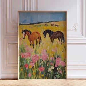 Colorful Pink and Blue Watercolor Western Cowgirl Horse Wall Art Print Poster - Picture 1 of 5