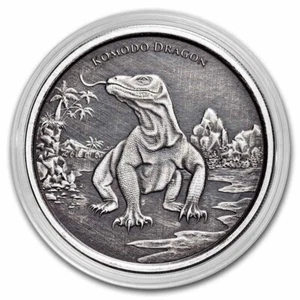 1 oz .999 Silver Antiqued Komodo Dragon 2022 Tokelau 2 Dollar coin Large Lizard - Picture 1 of 4