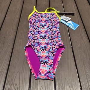 TYR The Finals FUNNIES Aztec Pink Purple 1pc Swimsuit Youth Girls Sz 22 New - Picture 1 of 3