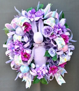 Handmade Easter Bunny Wreath, Spring Front Door Decor, Elegant Easter Wreath - Picture 1 of 13