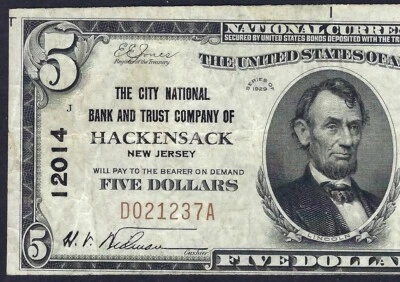 🇺🇸 NJ  1929 $5   ♚♚ HACKENSACK,NEW JERSEY ♚♚     PCGS VERY FINE 25 - Image 1 of 3