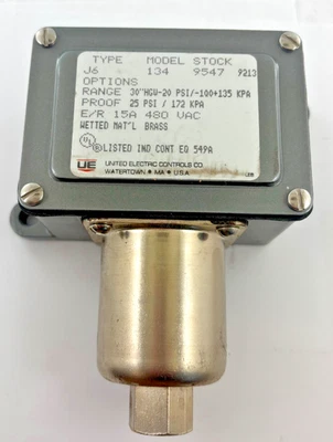 United Electric J6134 Pressure Switch – 25 PSI, 30HGV, 15A 480VAC Industrial Con - Image 1 of 4