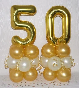 50th BIRTHDAY - AGE 50 - GOLD/ IVORY - FOIL BALLOON DISPLAY - TABLE CENTREPIECE - Picture 1 of 4