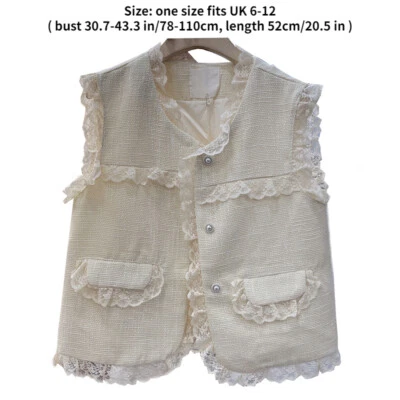 Women Lace Trim Waistcoat Gilet Vest Tops Ruffle Sleeveless Button Elegant - Image 1 of 4