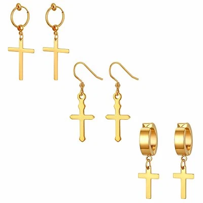 3 Pairs Stainless Steel Cross Drop Dangle Hoop Huggie Hook Earrings Mens Womens - Image 1 of 4