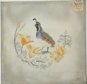 Hand-Painted QUAIL BIRD IN FLOWERS Needlepoint Canvas 18-mesh 8" x 8" - Picture 1 of 1