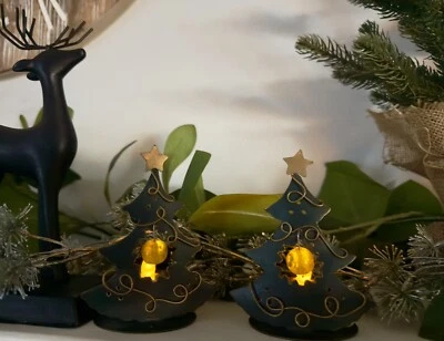 Juego de 2 velas de metal verde oscuro para árbol de Navidad 4” con soporte para té de vacaciones Foto 1 de 4