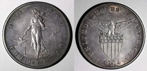 Philippines Silver 1904 S 1 Peso 38mm Large type aUNC NICE TONED KM# 168 (867) - Picture 1 of 3