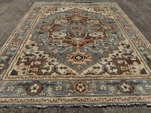 8x10 BLUE HERIZ RUG HANDMADE ORIENTAL handwoven geometric muted soft clean new - Picture 1 of 22