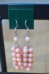 35.00ct Beaded Pink Coral Cluster Dangle Earrings Platinum over Fine Silver - Picture 1 of 7
