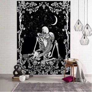 Gothic Grim Reaper Tapestry Skull Black heart Love Wall Hanging Skeleton Curtain - Picture 1 of 4