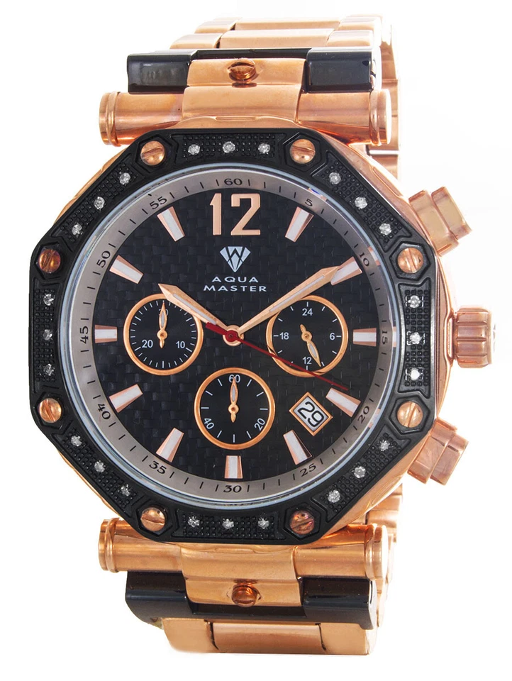 Reloj Aqua Master para hombre esfera negra oro rosa octágono cronógrafo diamante W#147 Foto 1 de 2