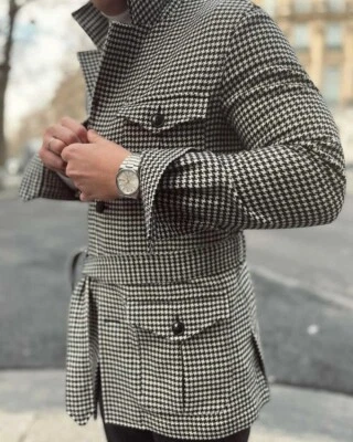 Hombres Pata de gallo Traje Cinturón Esmoquin Muesca Solapa Personalizado Tiempo Libre Foto 1 de 4