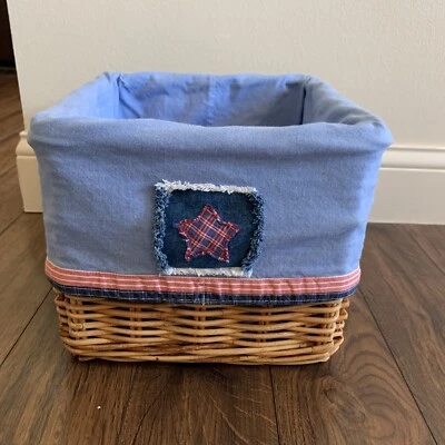 Pottery Barn Kids Square Basket 11.5x11.5”x8.5” tall W/Liner Star Plaid Red Blue - Image 1 of 4