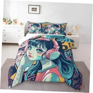 3Pcs Anime Bedding Fashion Street Girls Comforter Set 3D King Blue Teal Pink - Picture 1 of 7