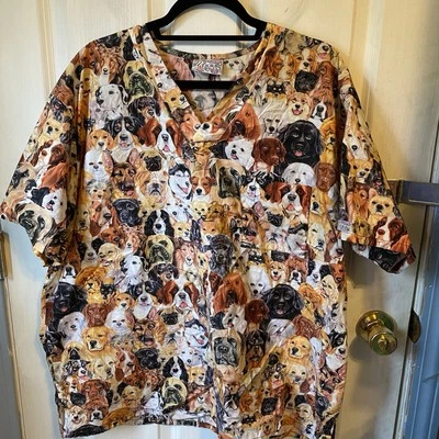 UA SCRUBS TOP Sz 2X DOGS All Breeds All Over Print Animals Lover Doggie Mama - Image 1 of 4