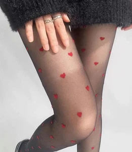 New Women Retro Chic Sweet Sexy Red Heart Black Sheer Pantyhose Tights Stockings - Picture 1 of 14
