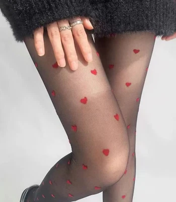 New Women Retro Chic Sweet Sexy Red Heart Black Sheer Pantyhose Tights Stockings - Image 1 of 4