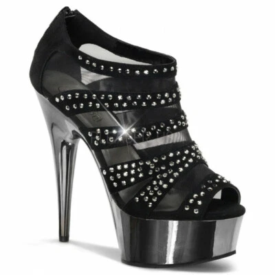 New Pleaser Platform Chrome 6" Heel Suede Pewter Open Toe Booties Mesh Studs Box - Image 1 of 4